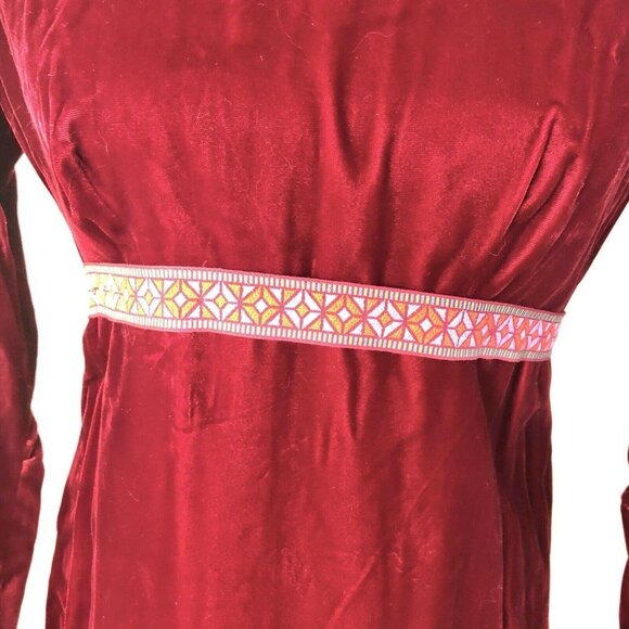 Vintage 1970s Red Velvet LS Empire Waist Maxi Dress Embroidered Waistband - Picture 6 of 12